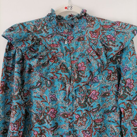 Loft Womens Pacific Blue Paisley Ruffle Mock Neck Button Up Shirt Size Medium - Picture 2 of 6